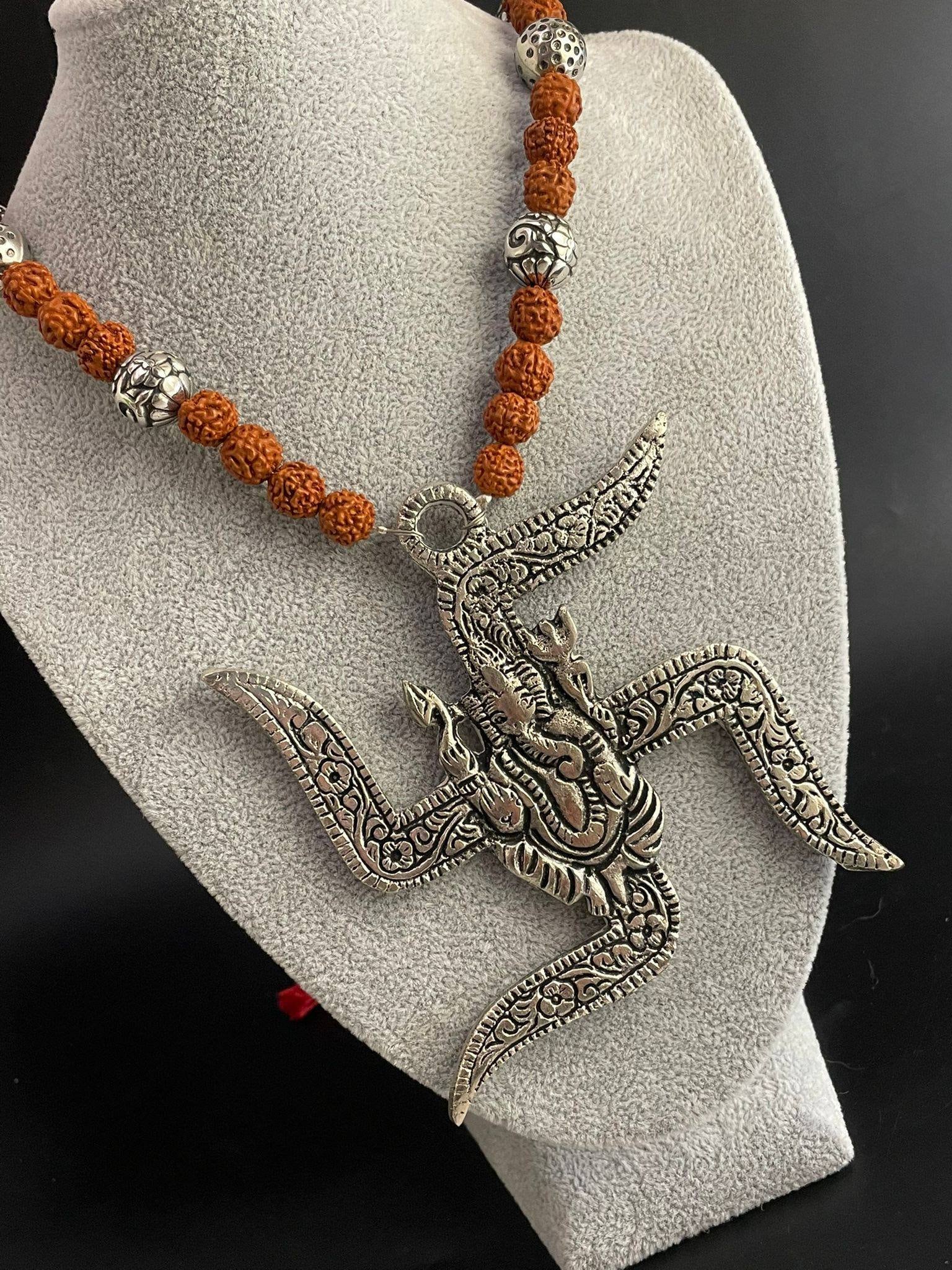GANESHA NECKLACE,Handmade, Boho Tribal Necklace, Oxidised jewellery, necklace,Religious Necklace,Ganesha necklace ,Mala,SILVER,Rudraksh Mala