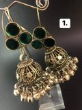 Afghan Jhumki Dangle Earrings: Kuchi Style, Green Stone, Ghongro Dangles