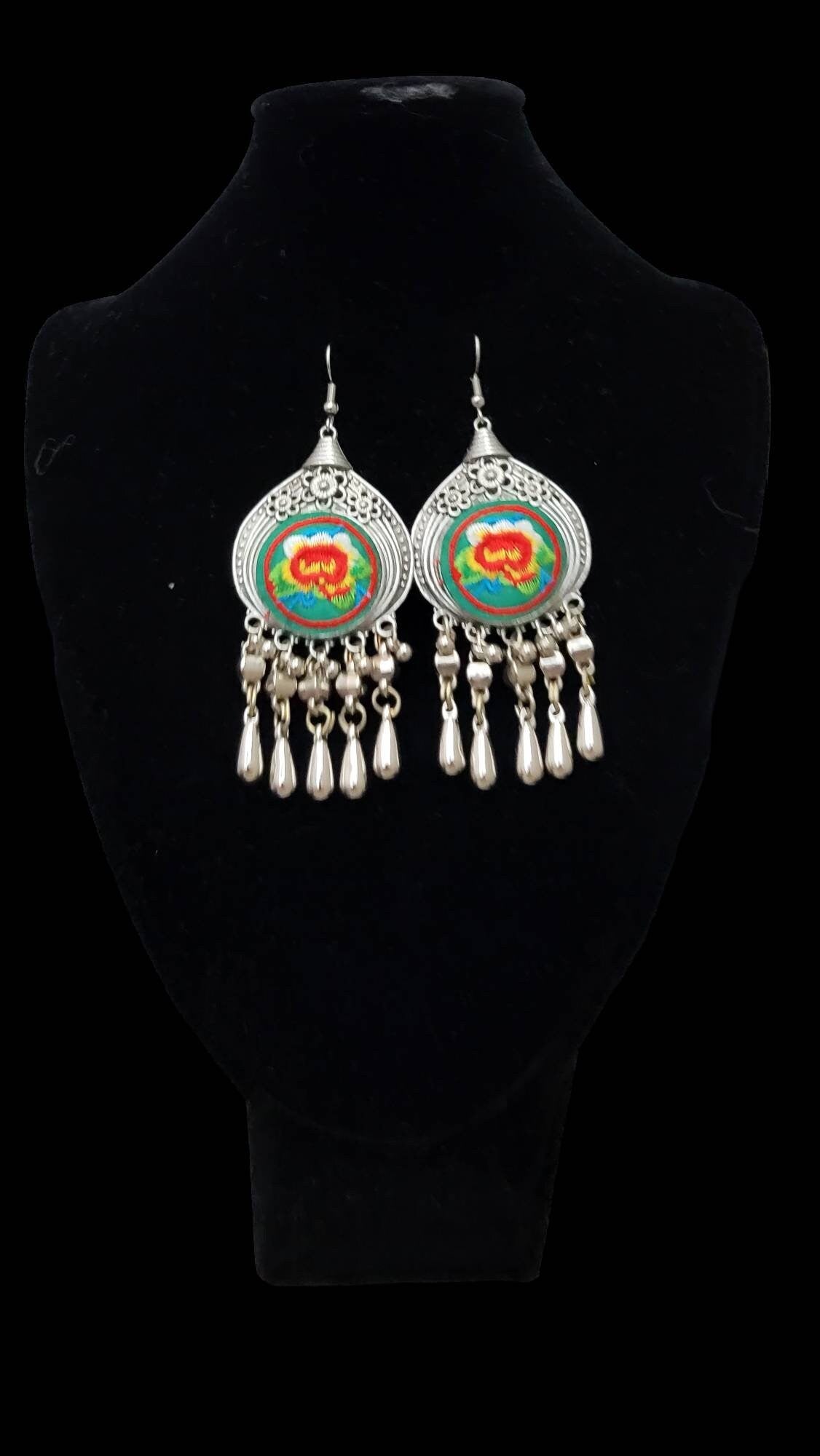 Miao Silver Dangle Earrings: Embroidered Flower, Ethnic Boho