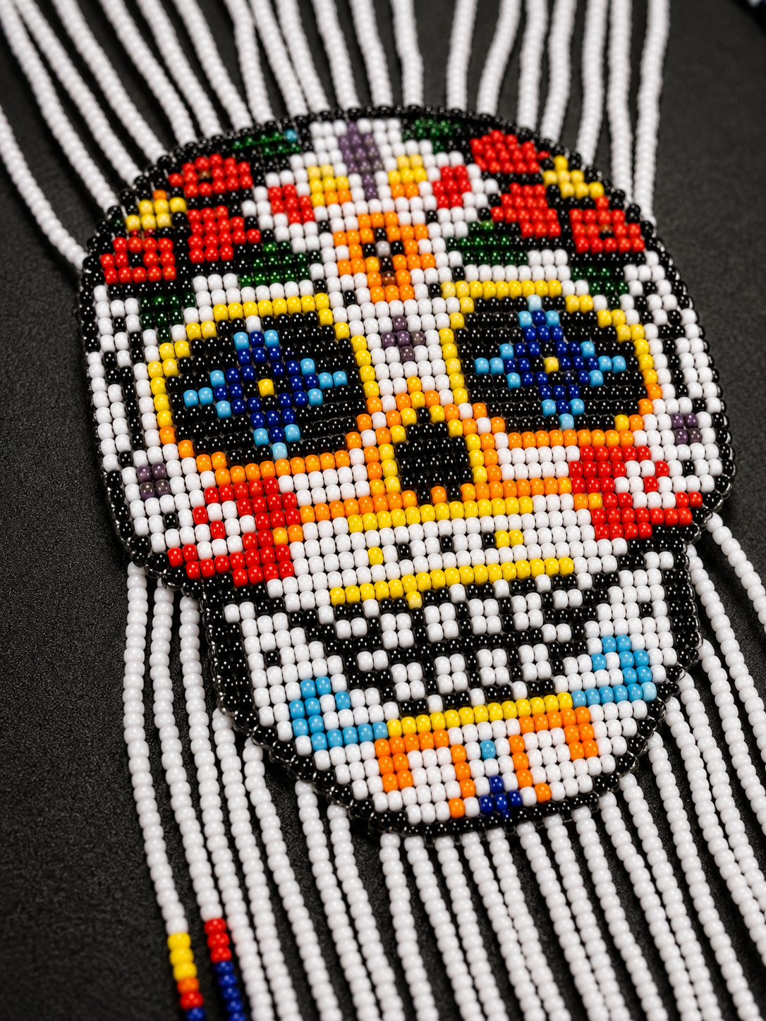 Handmade White Sugar Skull Beaded Necklace & Earrings Set