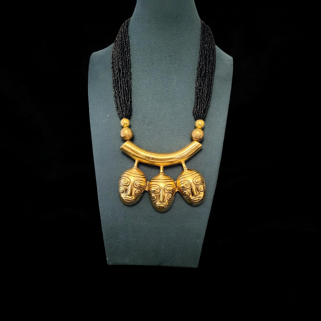 Handcrafted African Mask Necklace: Gold-Tone Ethnic Choker