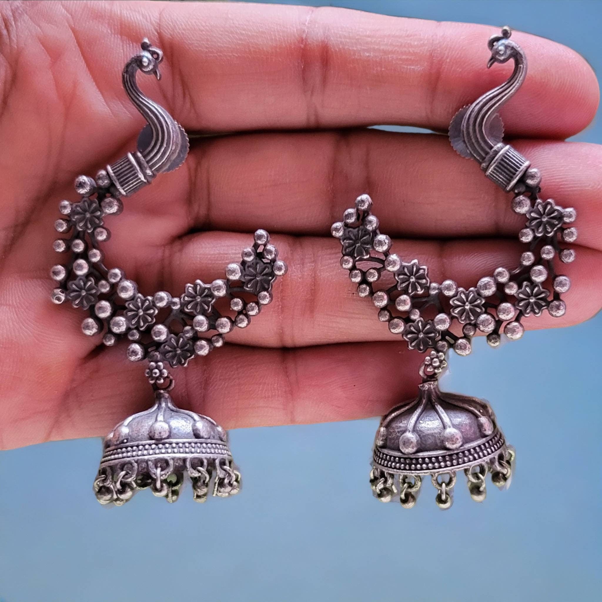 Peacock Jhumka Earrings with Ear Chains: German Silver Ethnic Jewelry