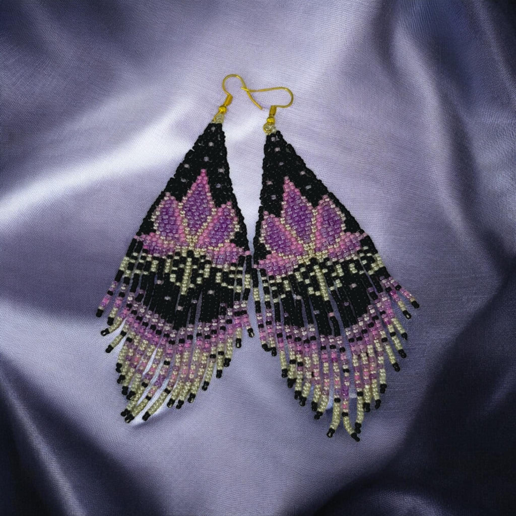 HANDMADE BEADED EARRING, Lotous design, Spirtual, Indian pattern,Fringe Earrings