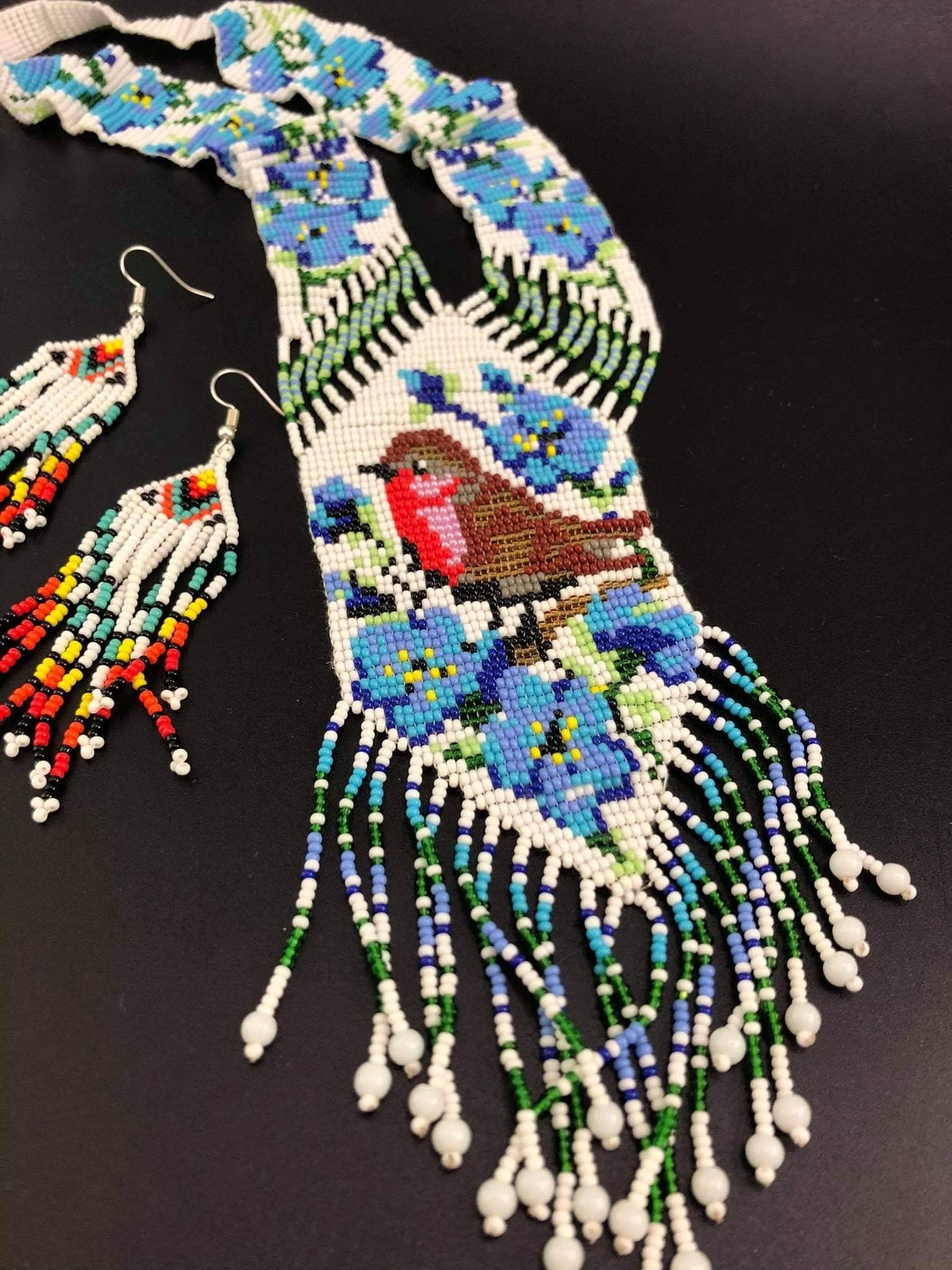 Handmade Beaded Birds Necklace: Boho Floral Jewelry Set