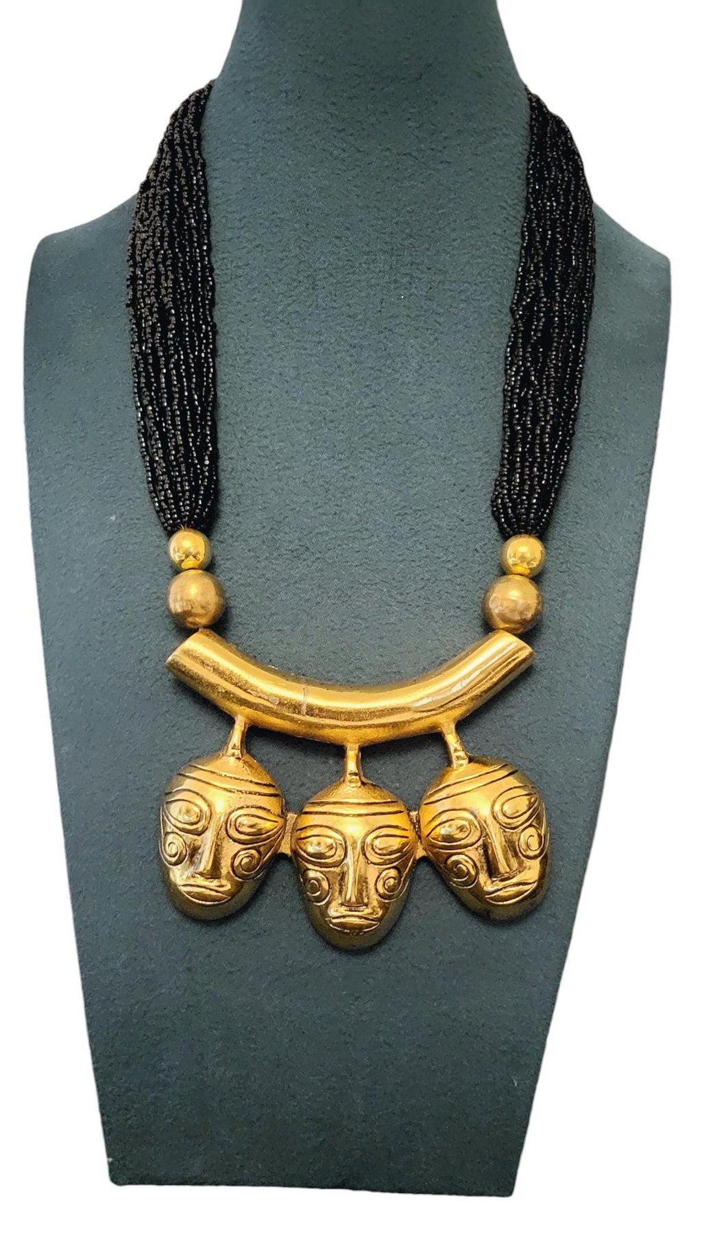 Handcrafted African Mask Necklace: Gold-Tone Ethnic Choker