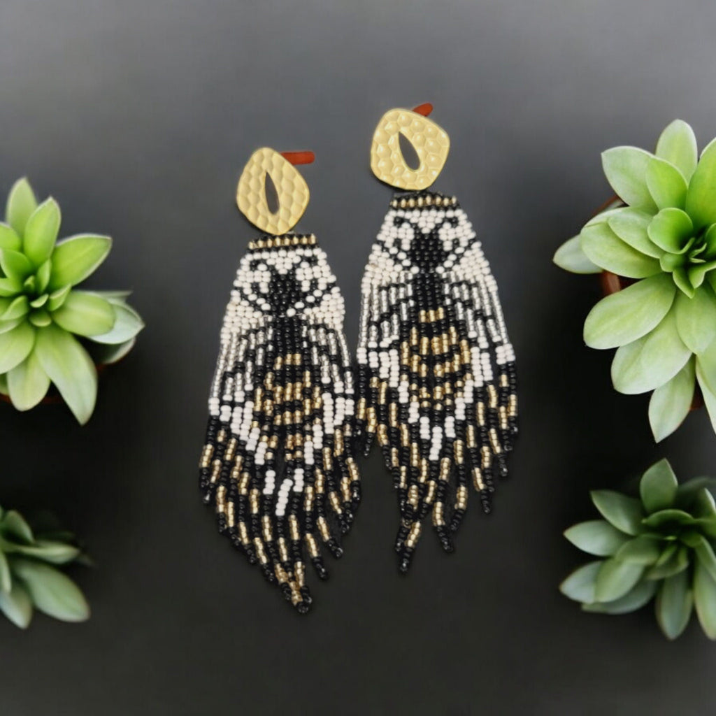Beaded Bee Dangle Earrings: Seed Bead Statement Jewelry