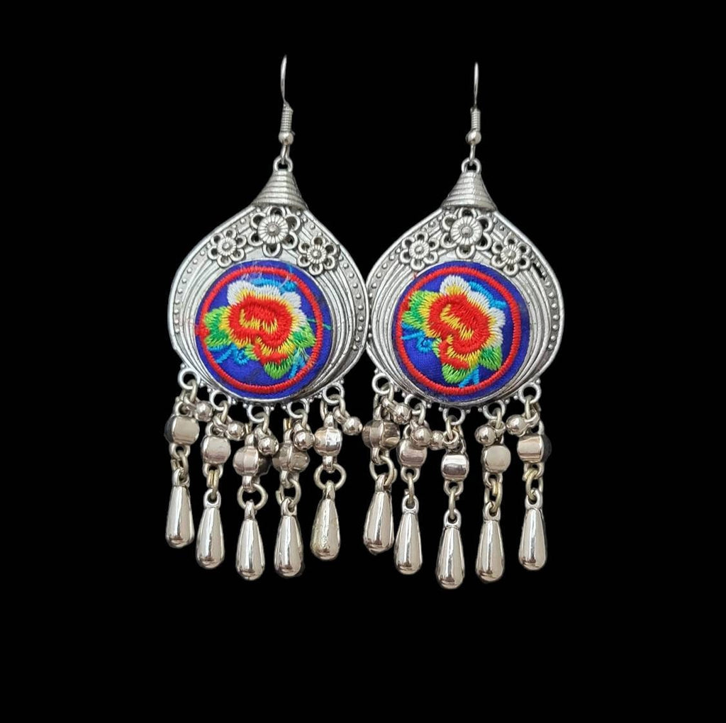 Miao Silver Flower Embroidery Earrings: Hmong Ethnic Dangle Earrings