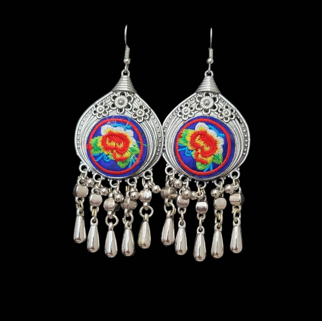 Miao Silver Flower Embroidery Earrings: Hmong Ethnic Dangle Earrings