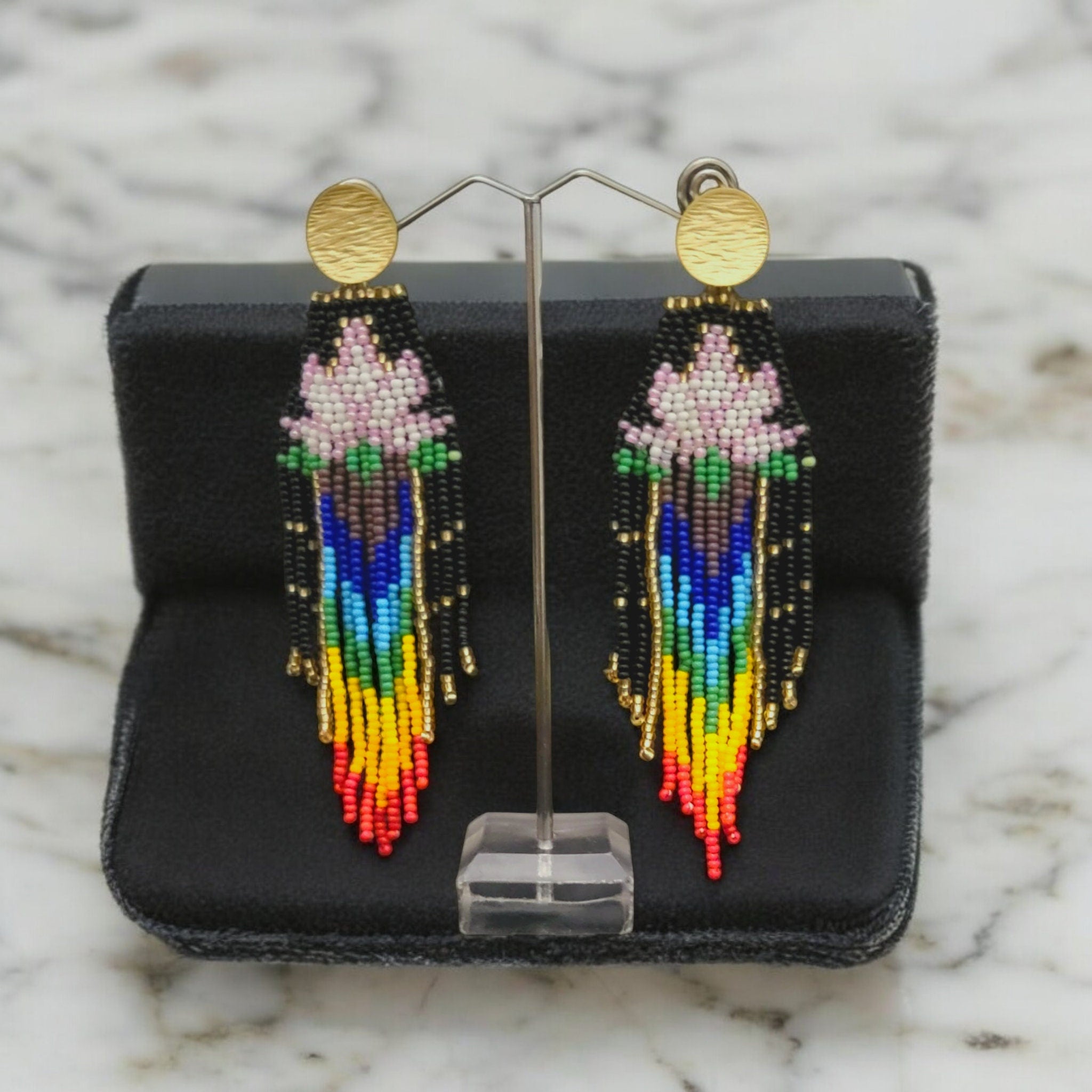 HANDMADE BEADED EARRING, Lotous design, Spirtual, Indian pattern,Fringe Earrings