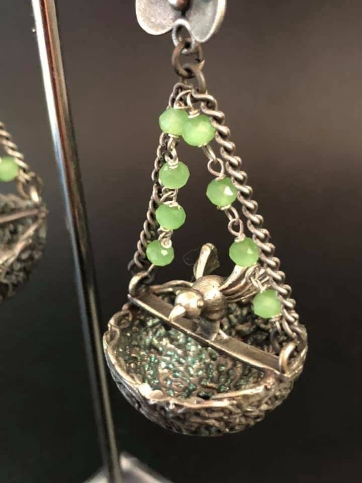 Handmade Bird Nest Earrings: Silver Metal Dangle Earrings