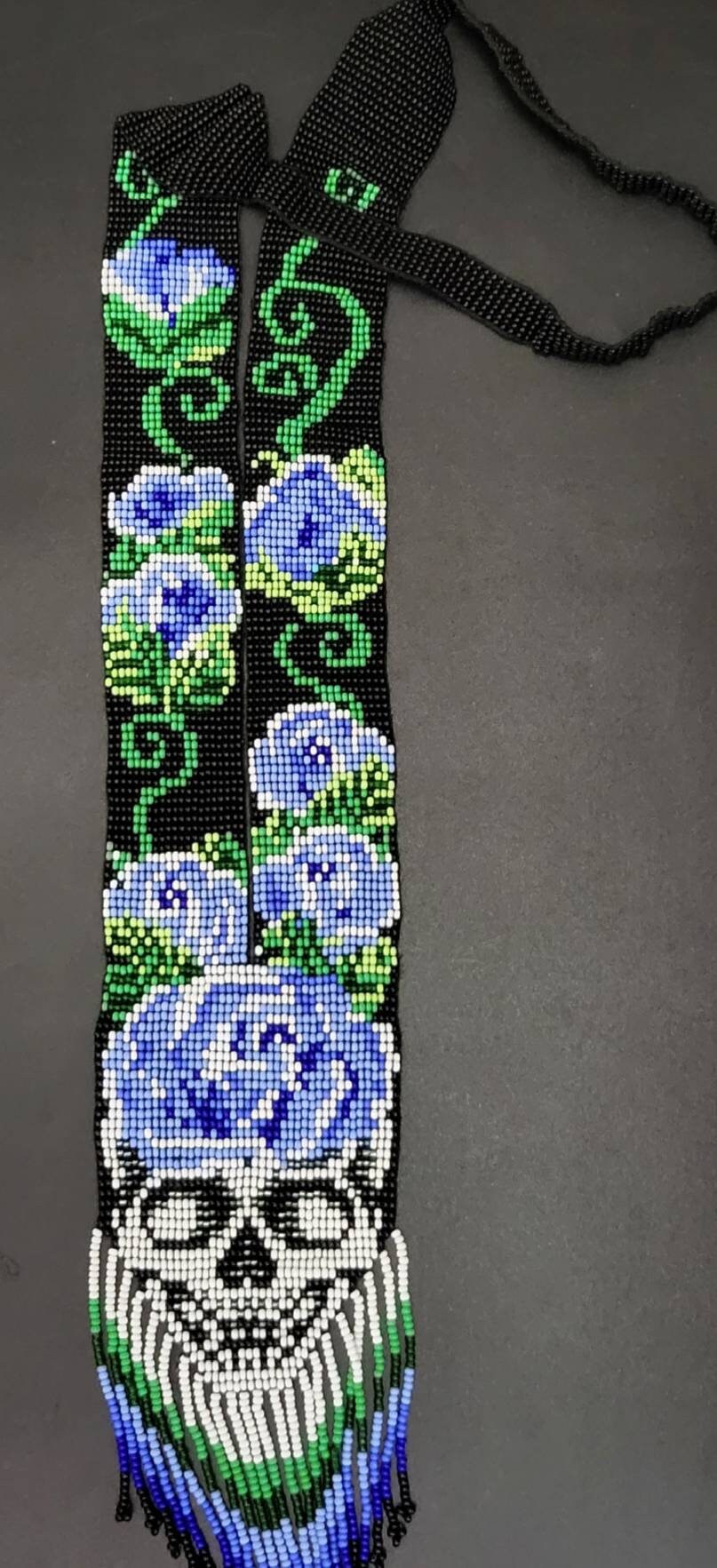 Handmade Seed Bead Skull Necklace: Ethnic Rose Design