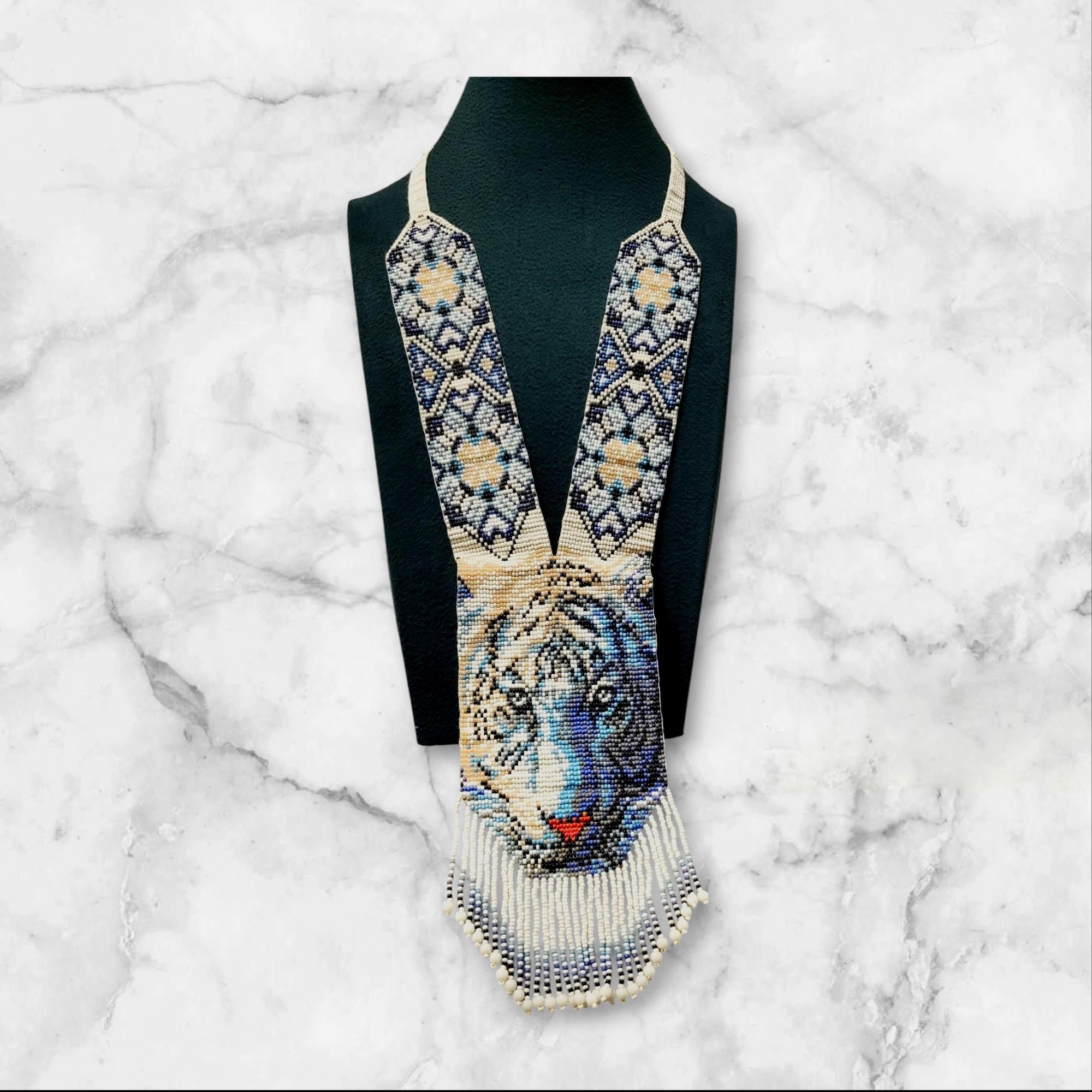 Handmade Beaded Tiger Necklace: Ethnic Woven Seed Bead Gerdan