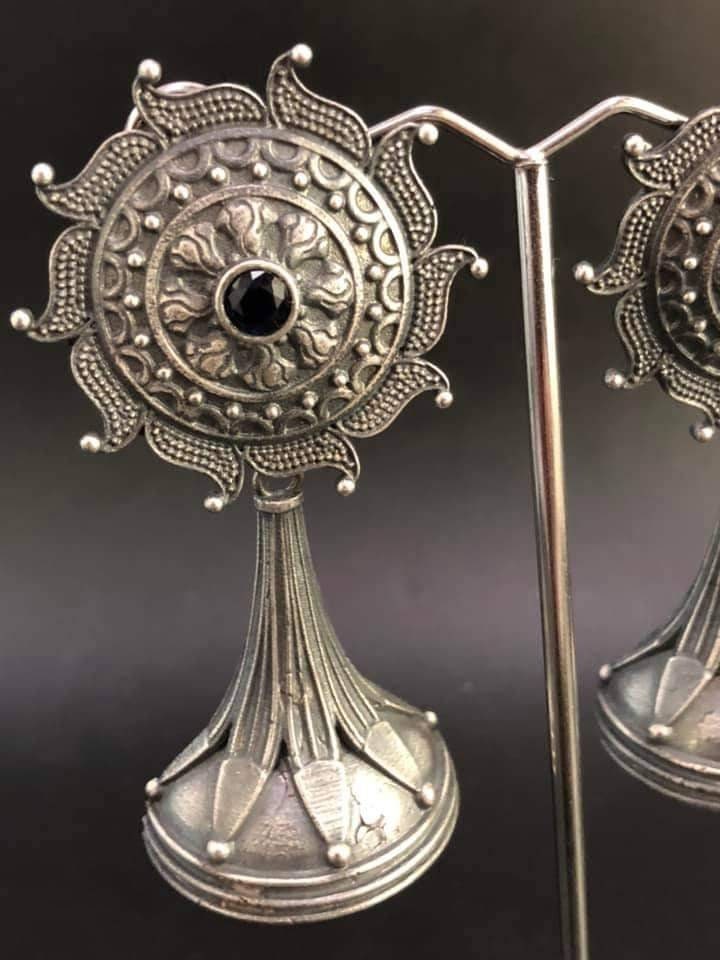 Oxidized Silver Plated Dangle Earrings: Floral Boho Jewelry