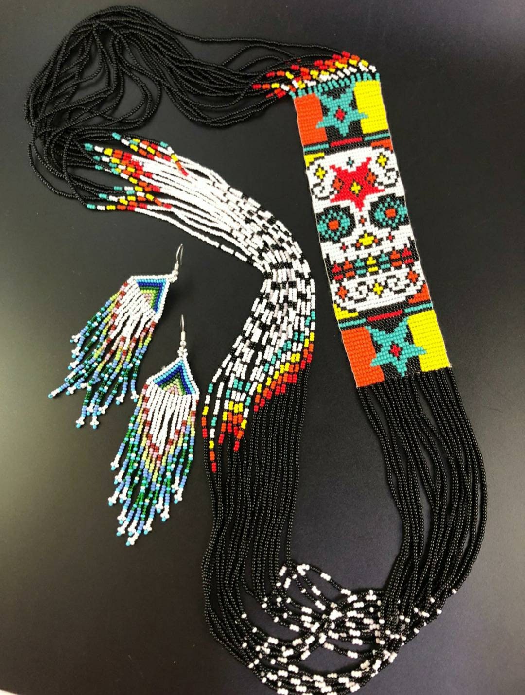 Handmade Seed Bead Sugar Skull Necklace & Earrings Set