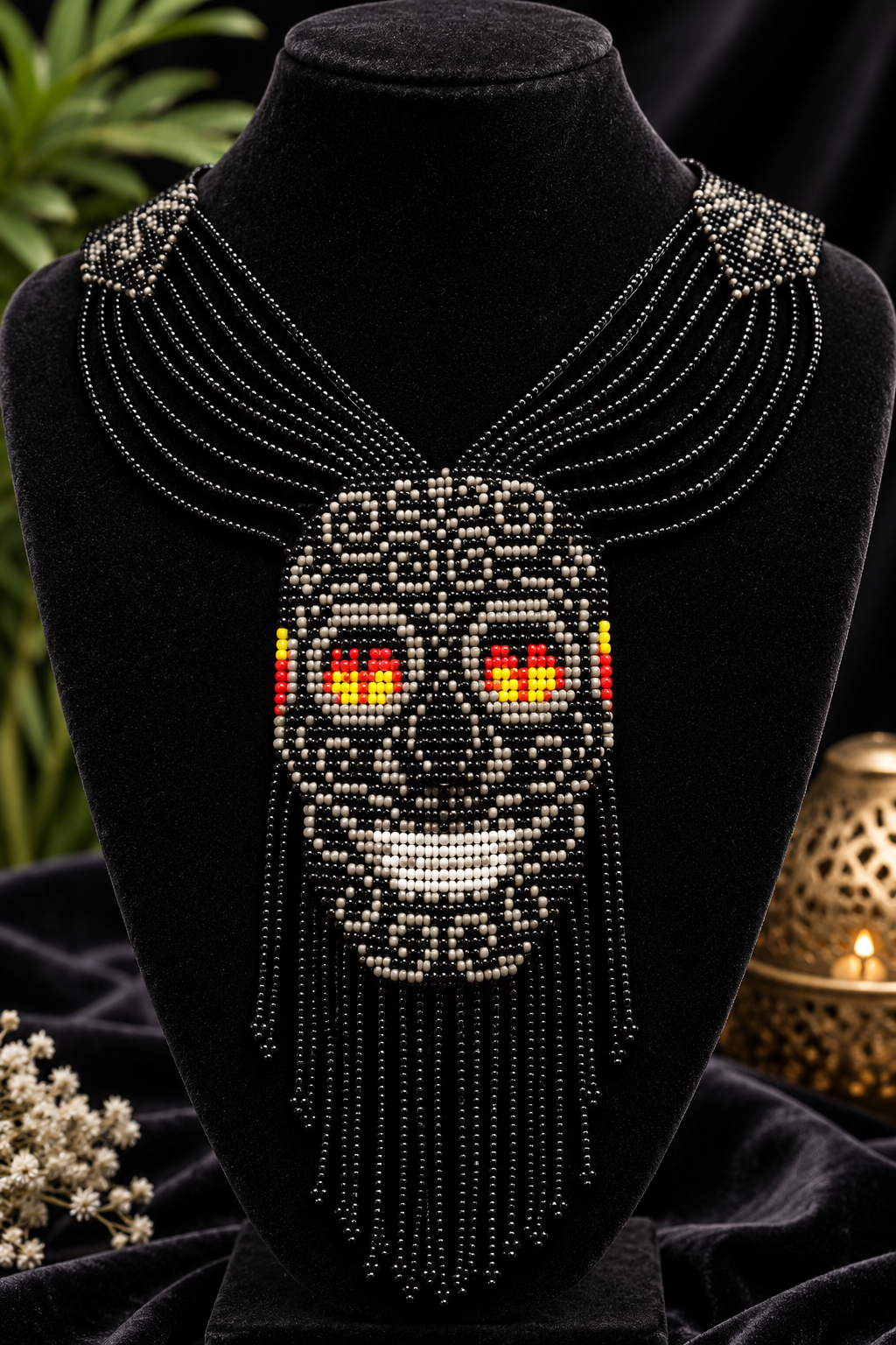 Handmade Black Beaded Skull Necklace: Gothic Tribal Jewelry