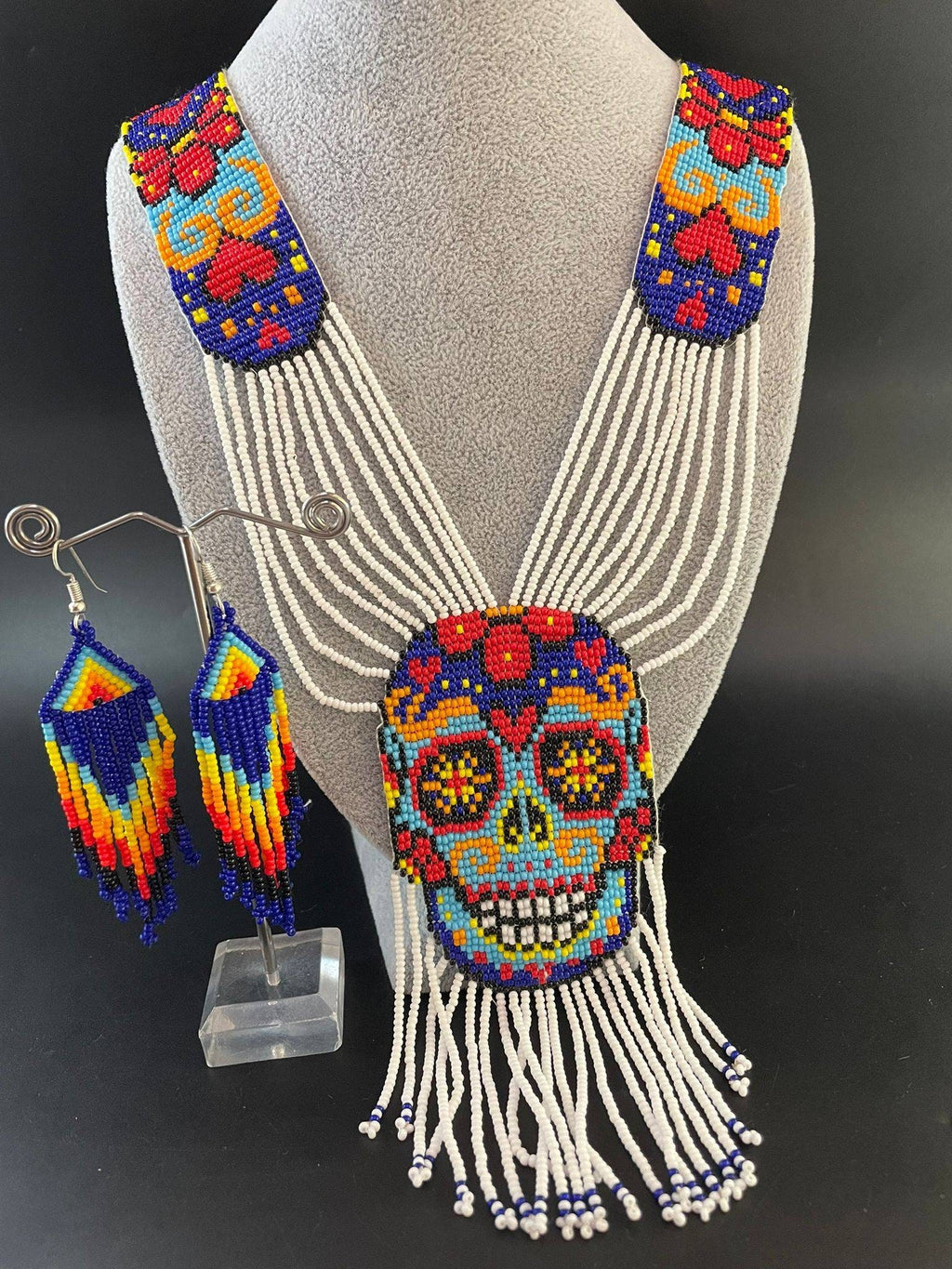 Handmade Seed Bead Skull Necklace: Ethnic Sugar Skull Jewelry Set