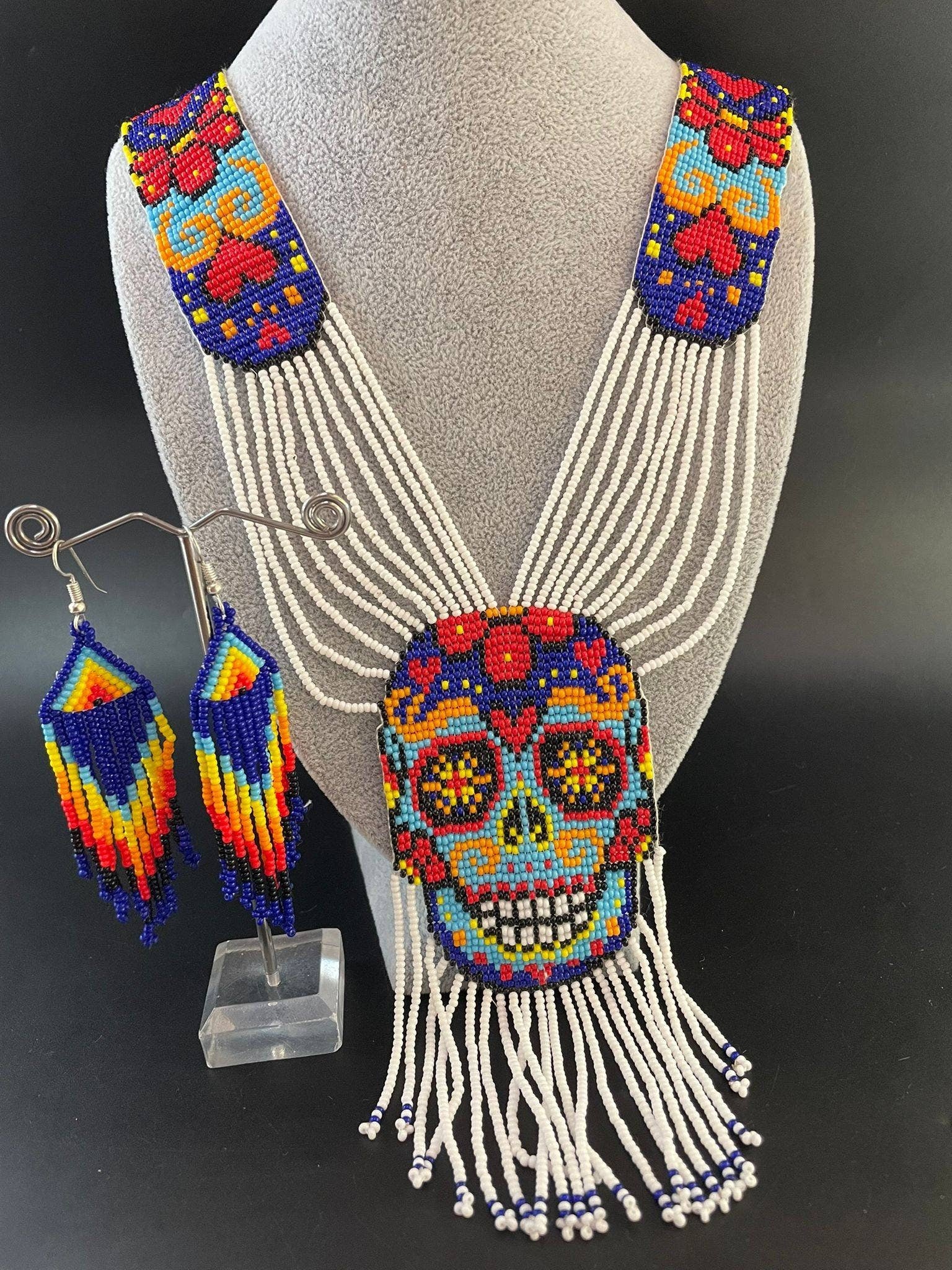 Handmade Seed Bead Skull Necklace: Ethnic Sugar Skull Jewelry Set
