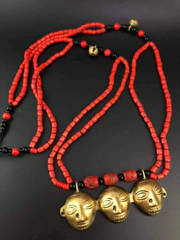 Bronze Tribal Mask Pendant Necklace: Coral Beaded Ethnic Jewelry