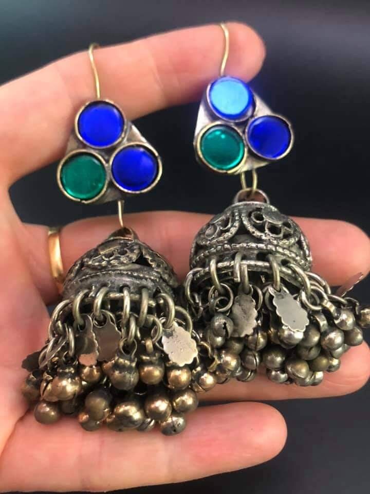 Afghan Jhumki Dangle Earrings: Kuchi Style, Green Stone, Ghongro Dangles
