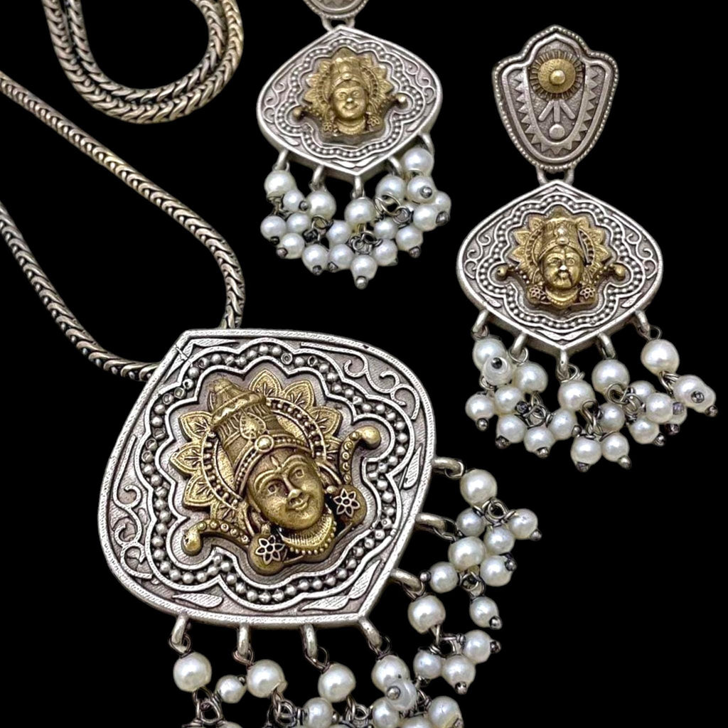 Handcrafted Brass Temple Jewelry Set: Indian Necklace & Pearl Earrings