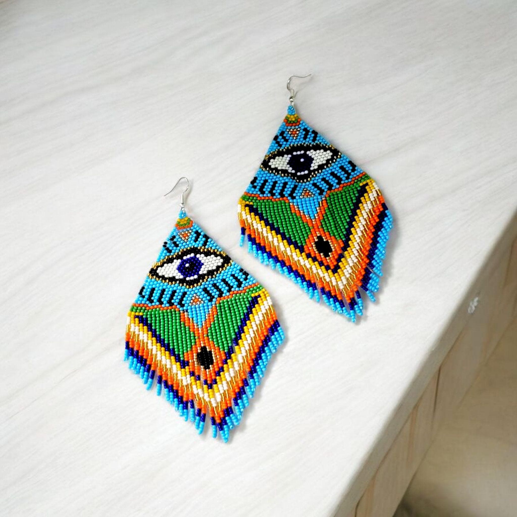Handmade Evil Eye Seed Bead Earrings: Long Fringe Dangle Jewelry