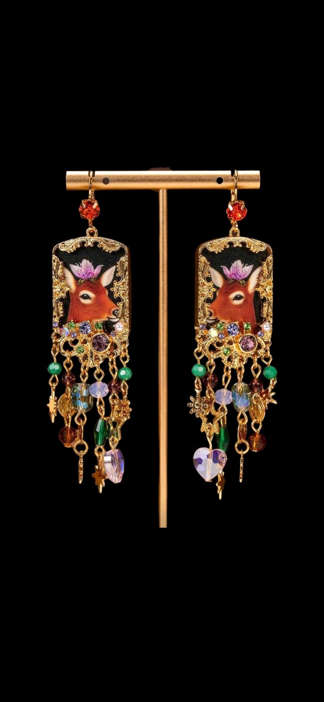 Whimsical Deer Portrait Drop Earrings – Maximalist Gold Chandelier Earrings with Floral Fawn, Crystals, and Celestial Charms – Statement Boh