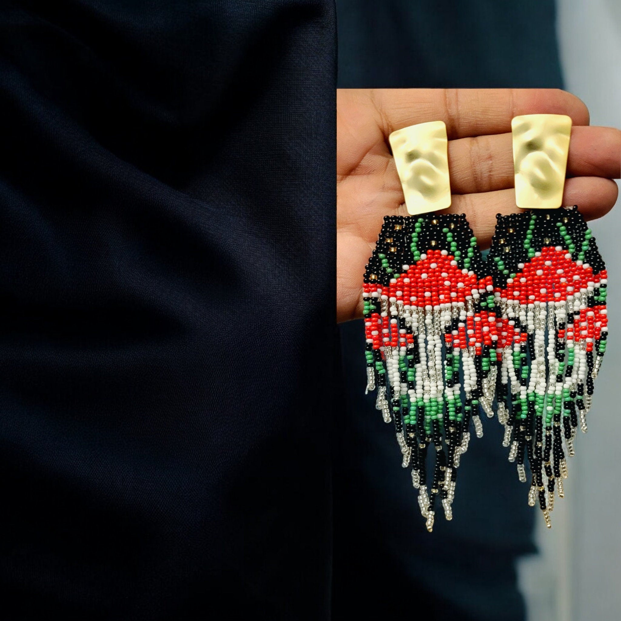 Beaded Mushroom Fringe Earrings: Toadstool Dangle Earrings