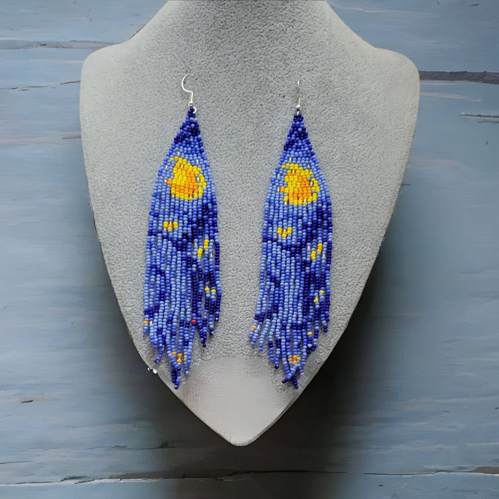 Long Fringe Earrings, Handmade Beaded Earring, Crecent Earrings,