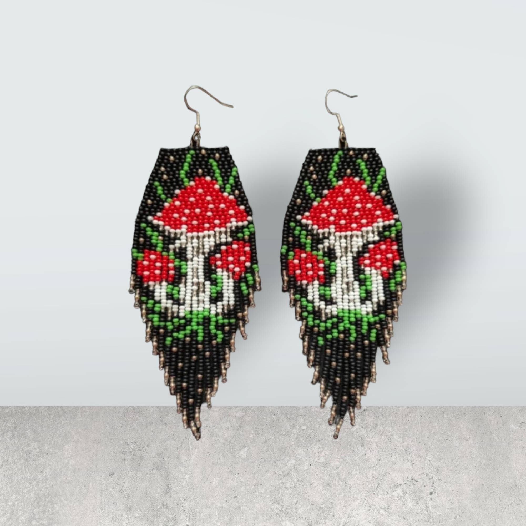 Beaded Mushroom Earrings: Red Toadstool Fringe Dangle