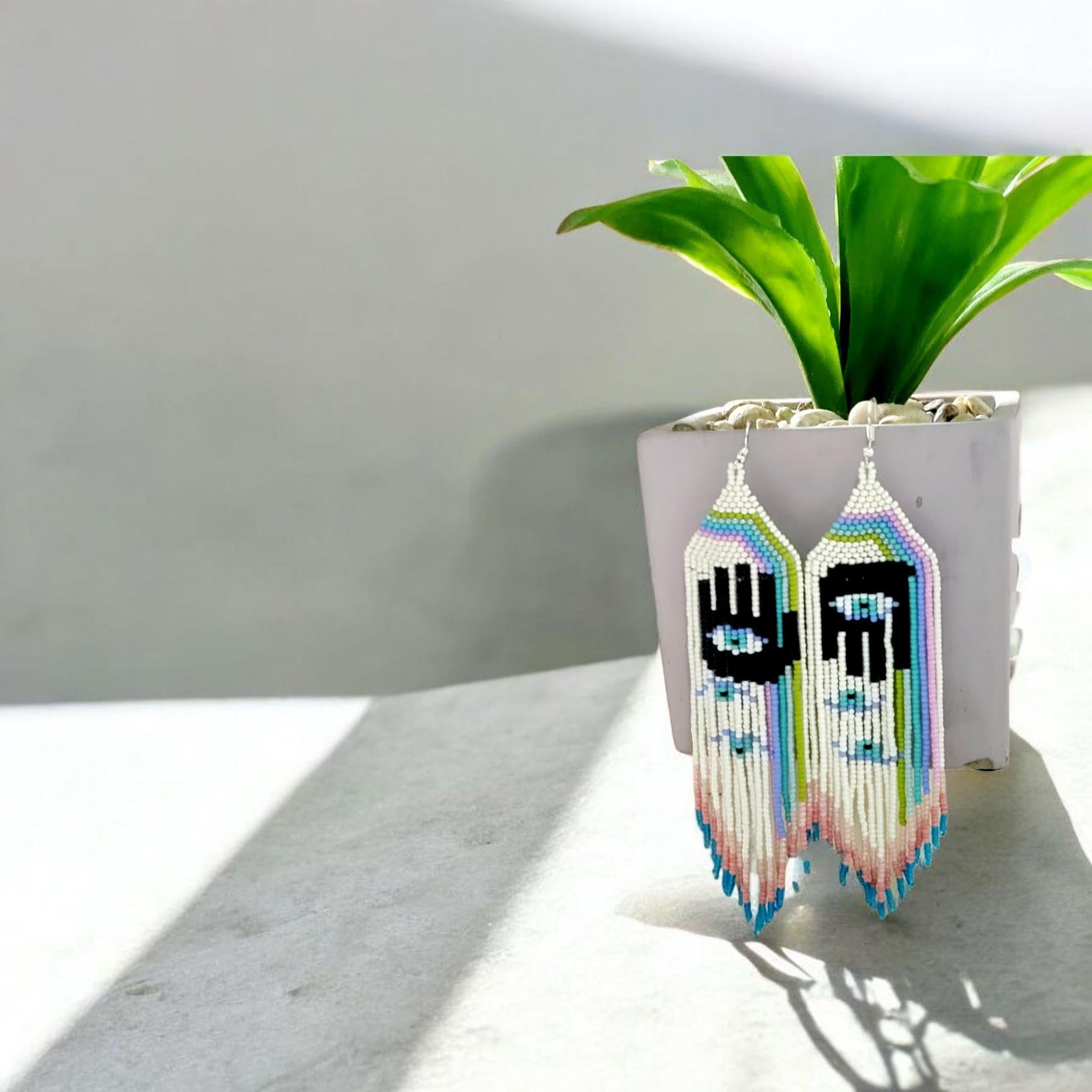 Handmade Hamsa Evil Eye Beaded Earrings: Pastel Rainbow Fringe