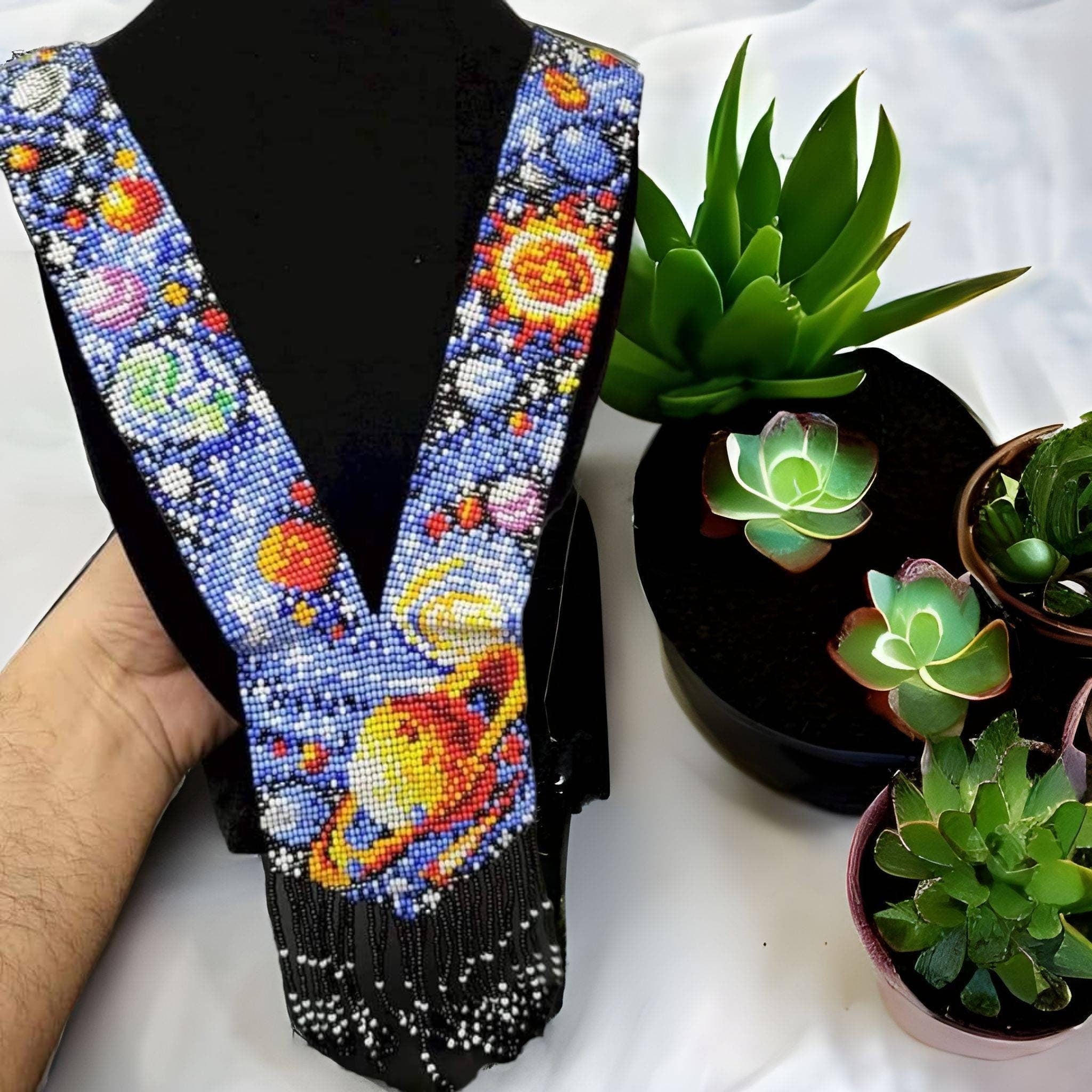 Handmade Loom Beaded Galaxy Necklace: Cosmic Planet Jewelry