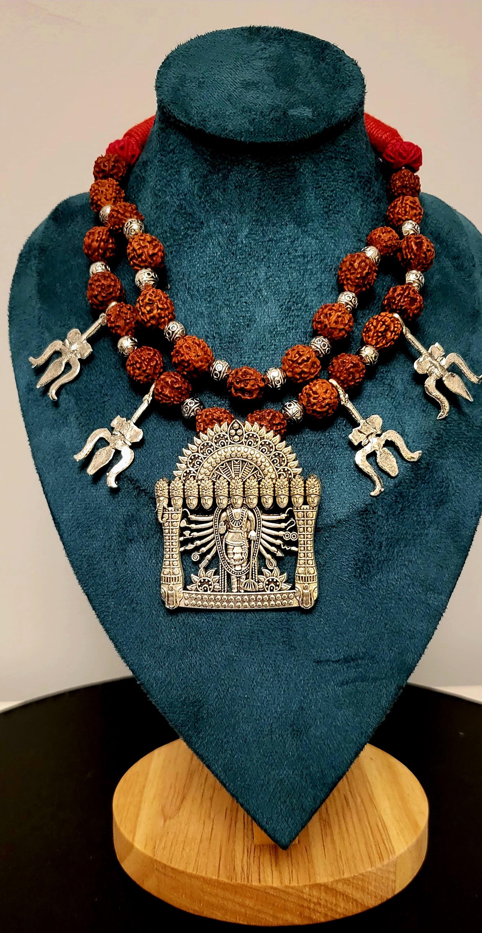 Handmade Silver Krishna Necklace: Rudraksha Chain, Hindu God Pendant