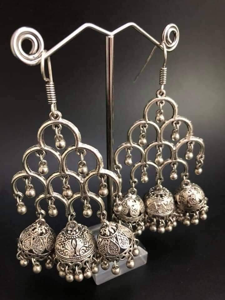 Oxidized Silver Plated Jhumka Earrings: Bollywood Style Drop Earrings