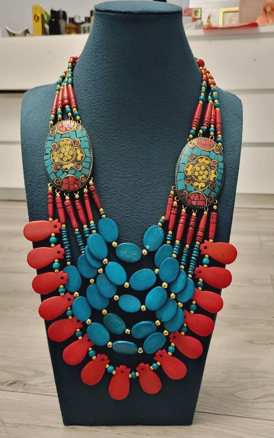 Nepalese Turquoise Coral Necklace: Boho Ethnic Jewelry