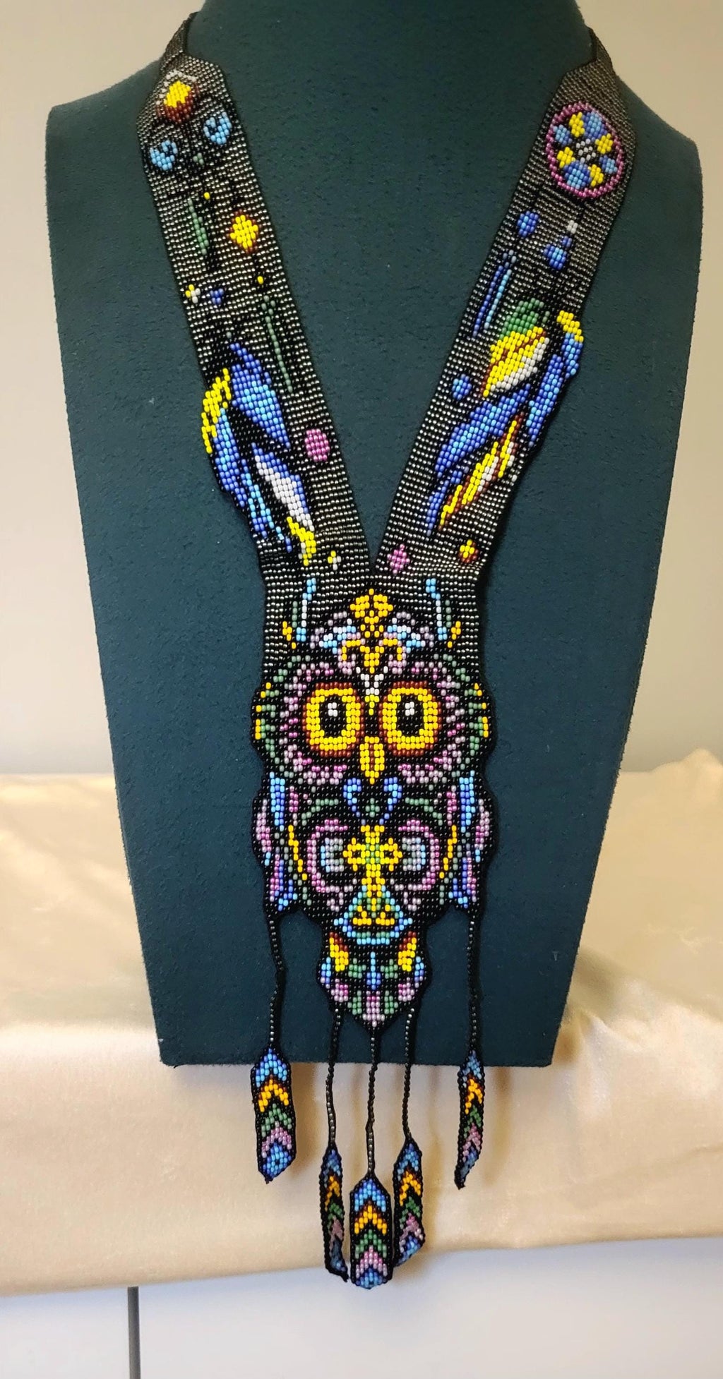 Handmade Beaded Owl Necklace: Long Statement Jewelry