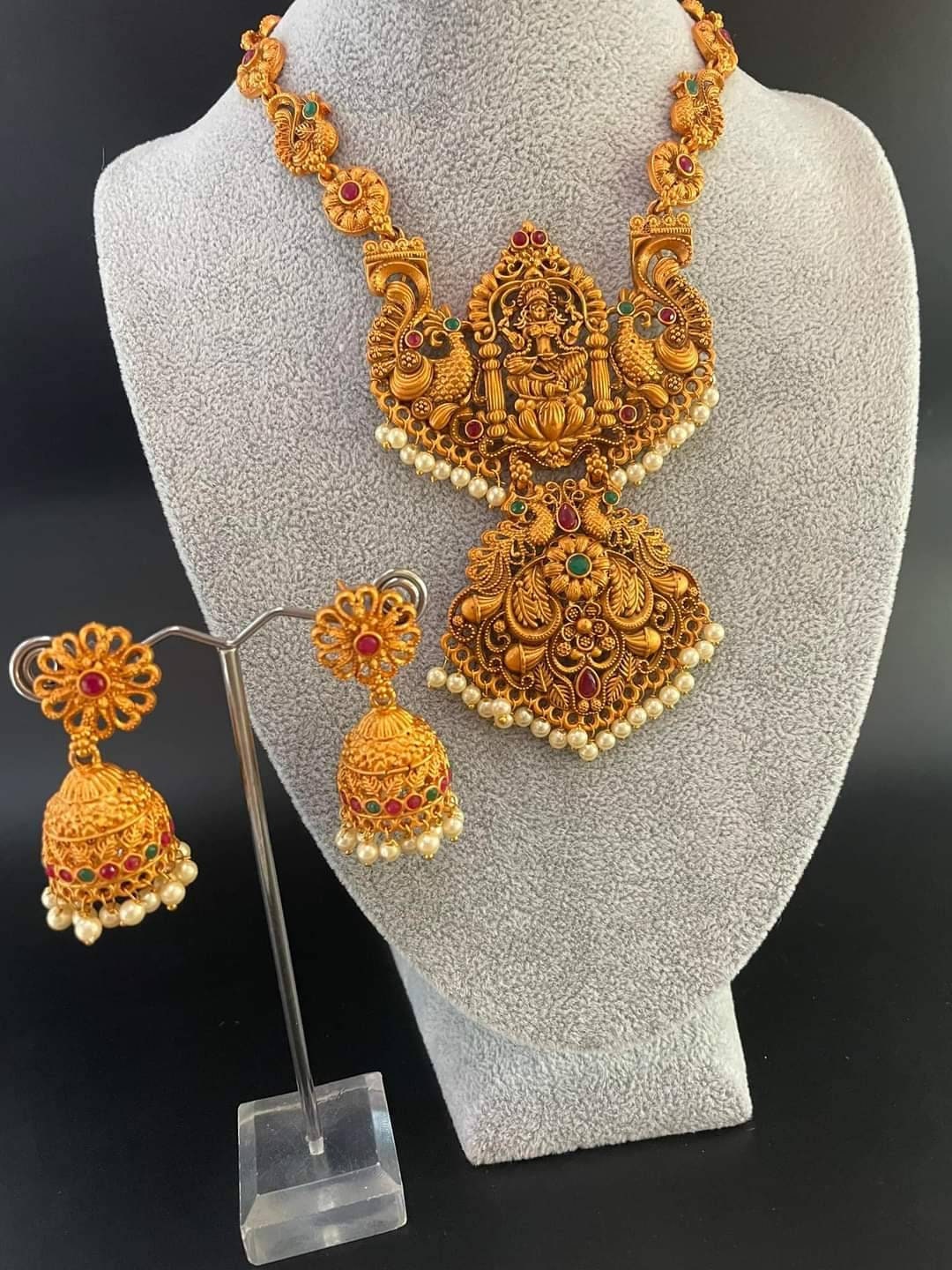 Gold Plated Laxmi Necklace Set: Brass Hindu Goddess Jewelry