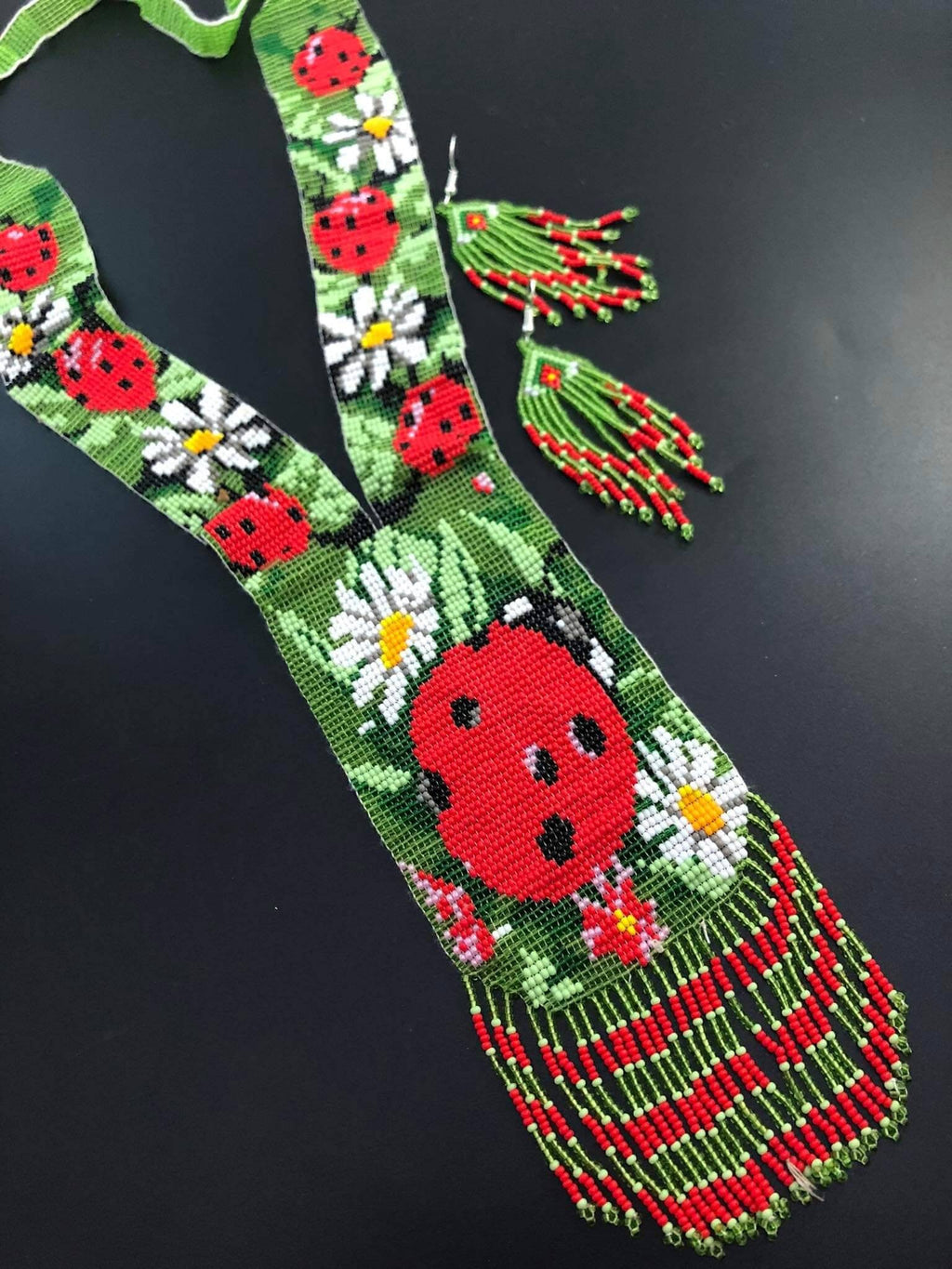 Handmade Beaded Ladybug Necklace: Boho Floral Garden Jewelry