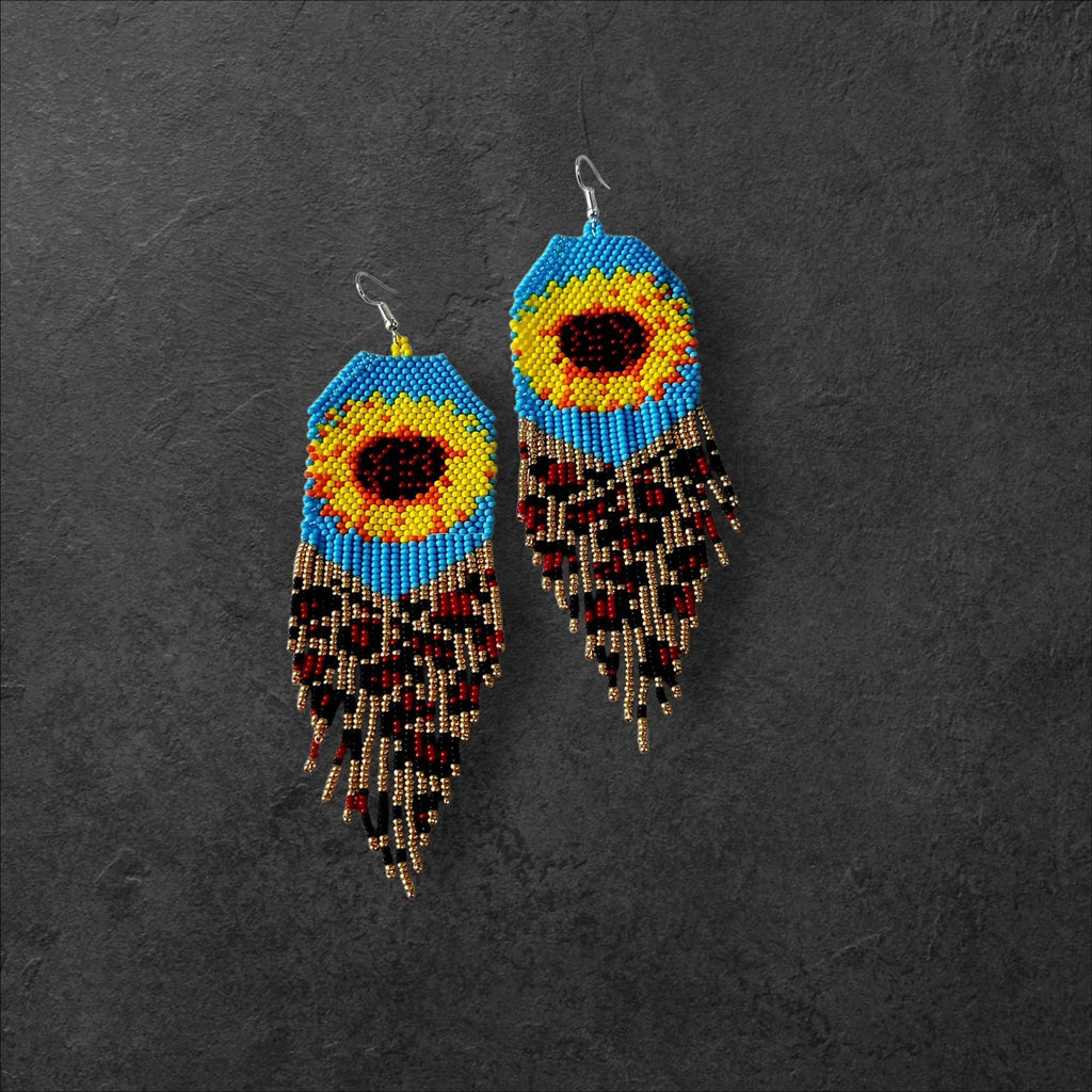 Handcrafted Sunflower Dangle Earrings,Beaded Fringe Earrings, Gerdan Style,Unique Boho Jewelry,Gift for Her