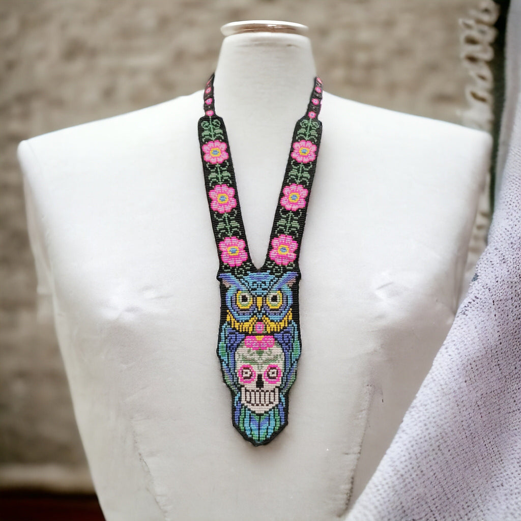 Handmade Beaded Owl Necklace: Skull Motif, Floral Chain