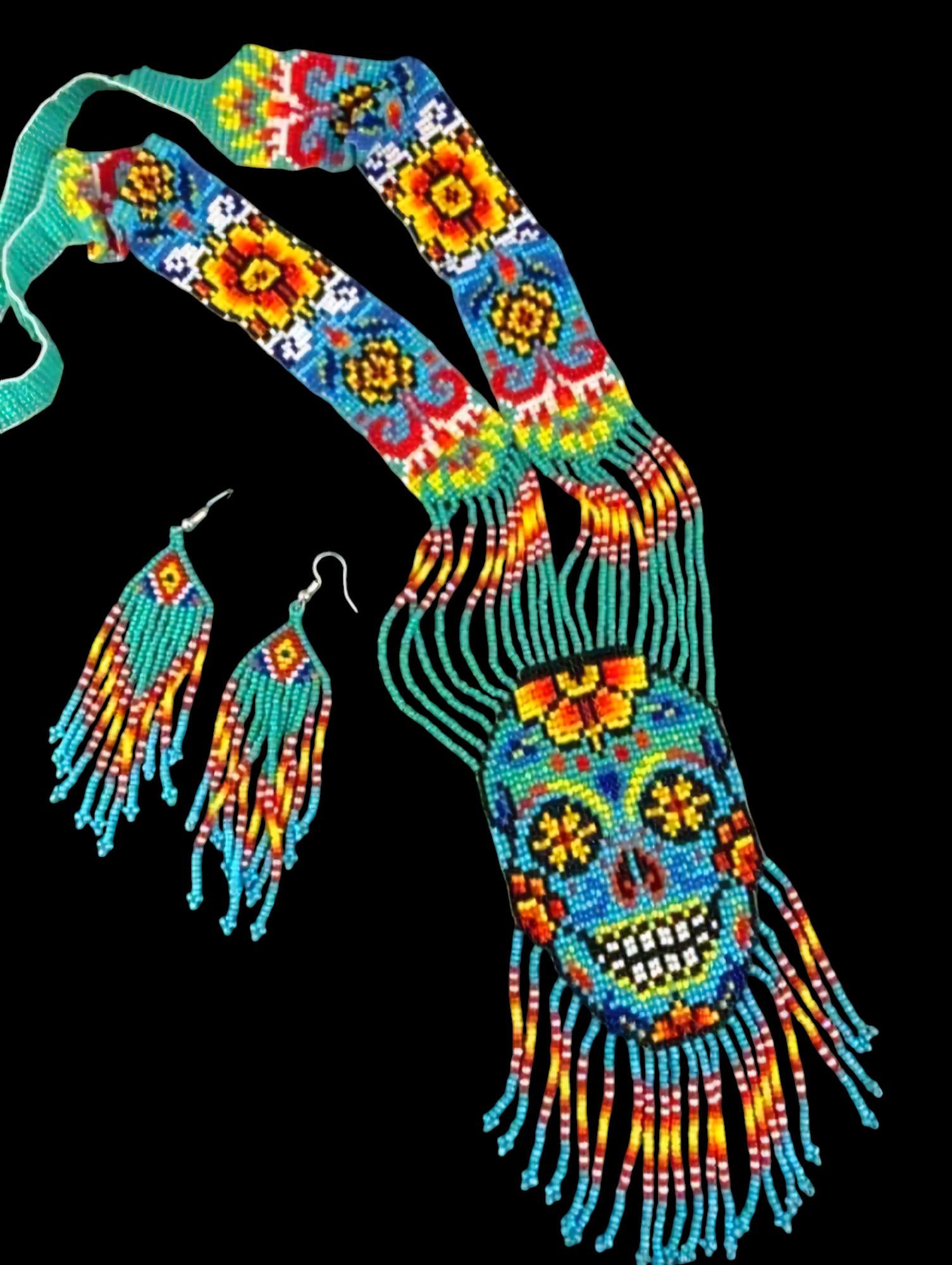 Handmade Seed Bead Skull Necklace & Earring Set