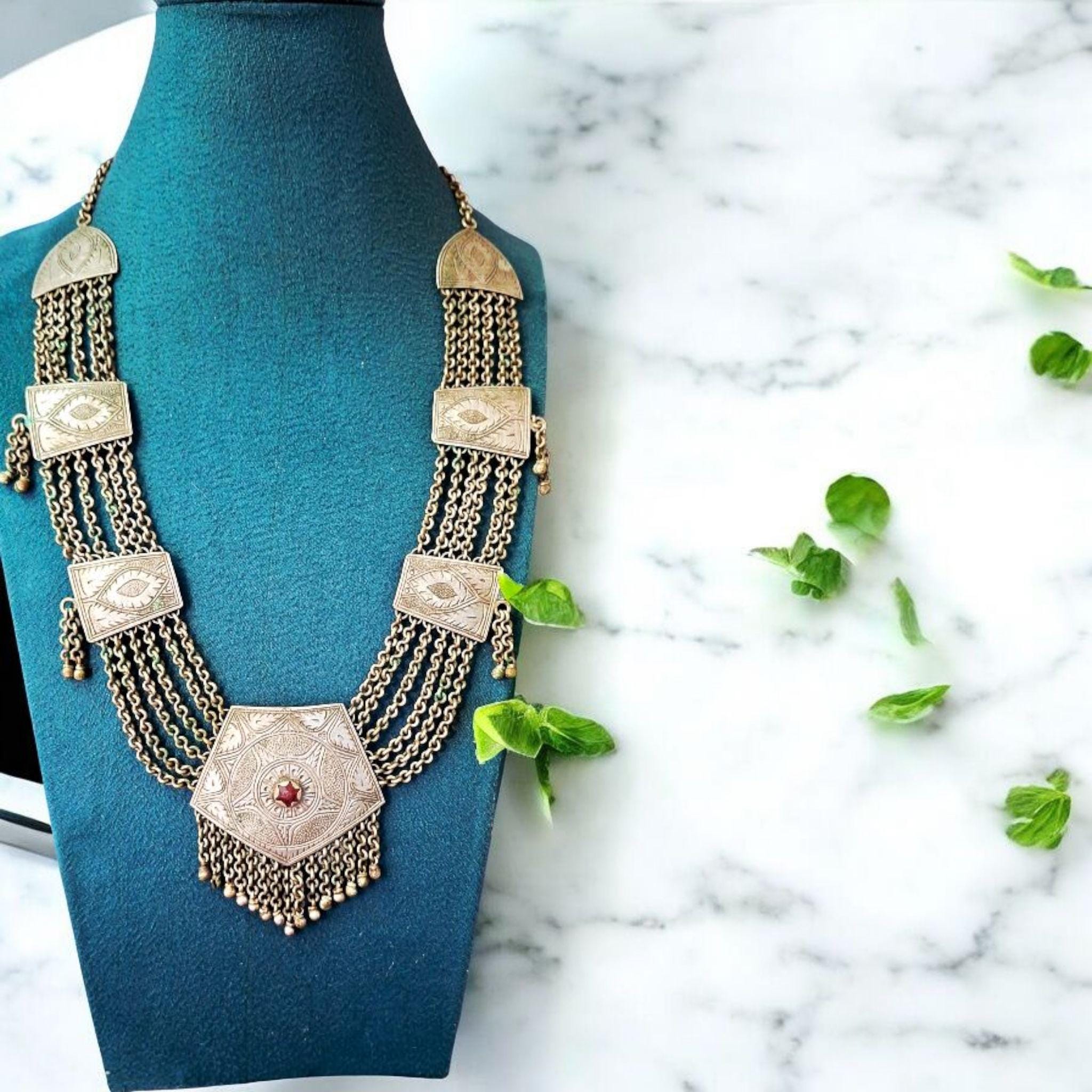 Antique-Inspired Brass Pendant Necklace | Boho Ethnic Statement Necklace | Vintage Afghan Kuchi Style Jewelry