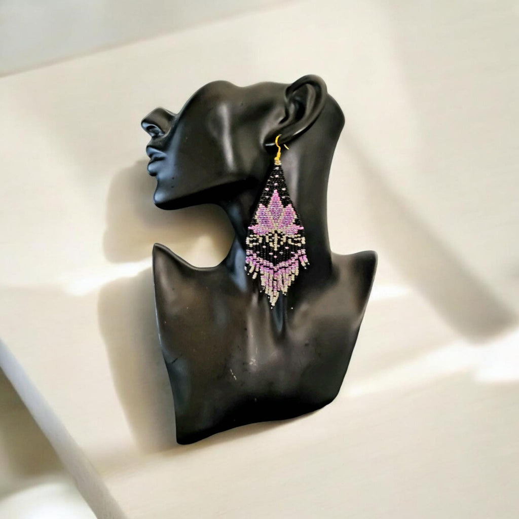 HANDMADE BEADED EARRING, Lotous design, Spirtual, Indian pattern,Fringe Earrings