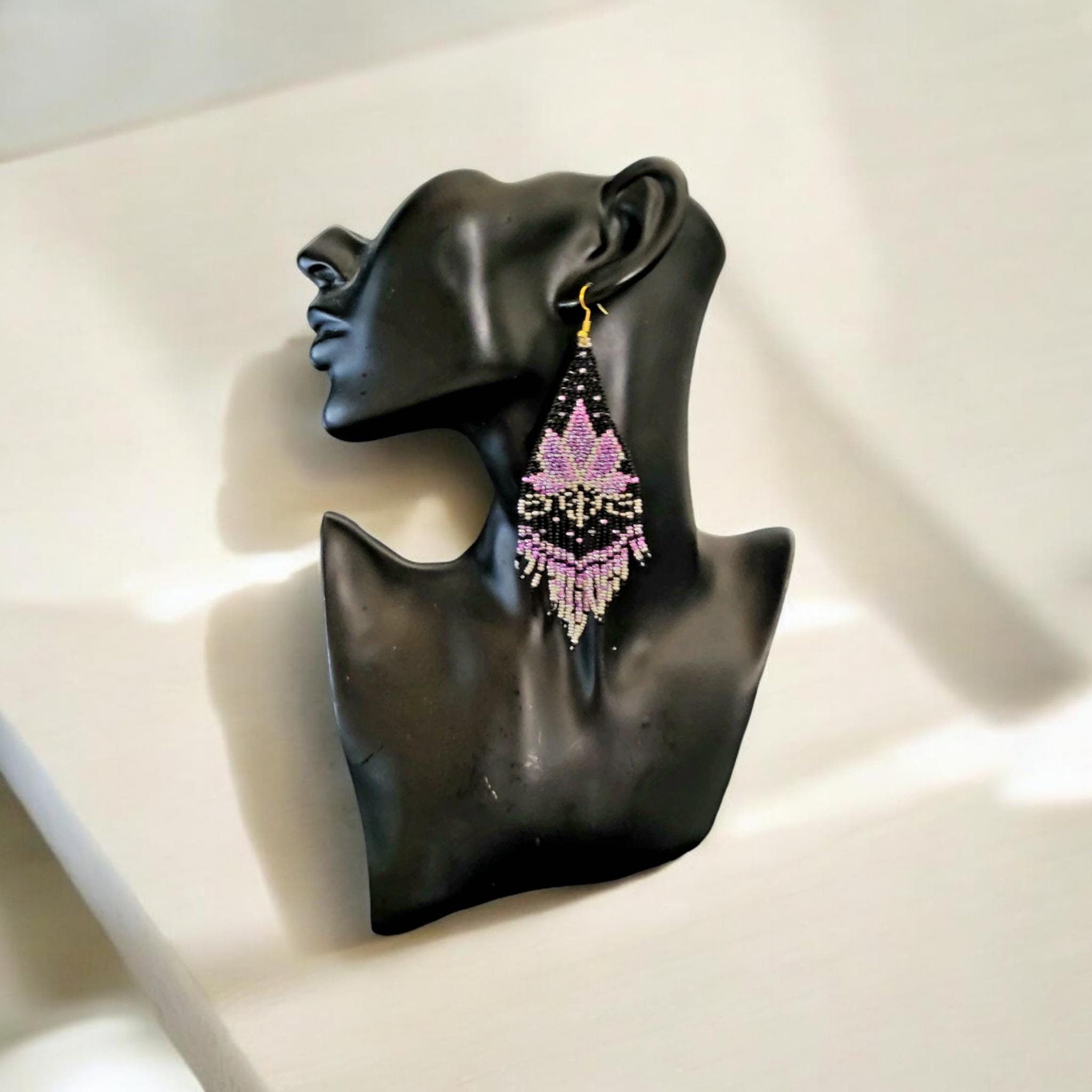 HANDMADE BEADED EARRING, Lotous design, Spirtual, Indian pattern,Fringe Earrings