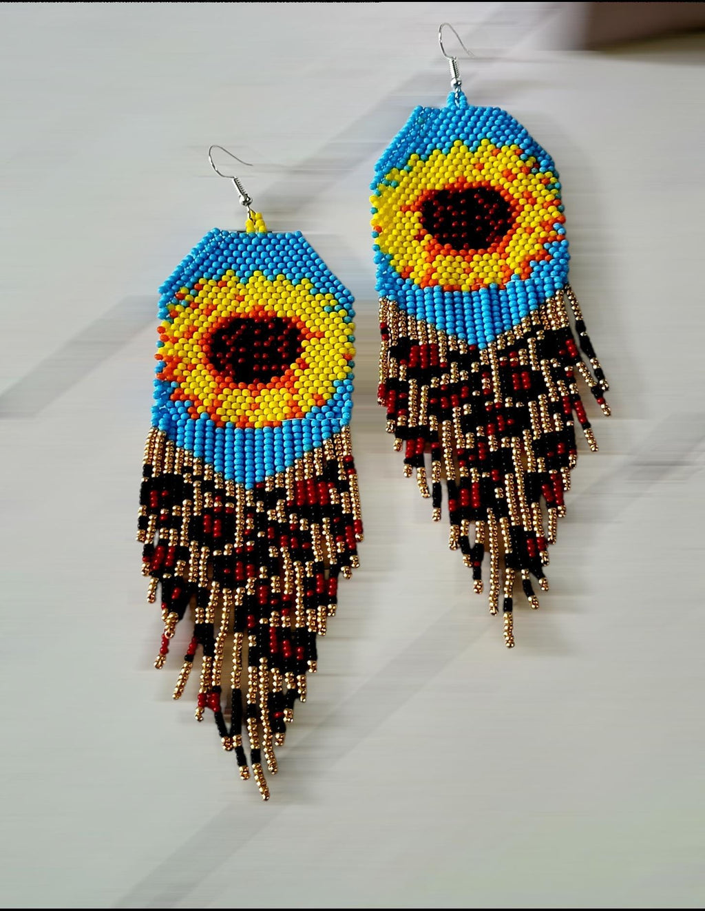 Handcrafted Sunflower Dangle Earrings,Beaded Fringe Earrings, Gerdan Style,Unique Boho Jewelry,Gift for Her