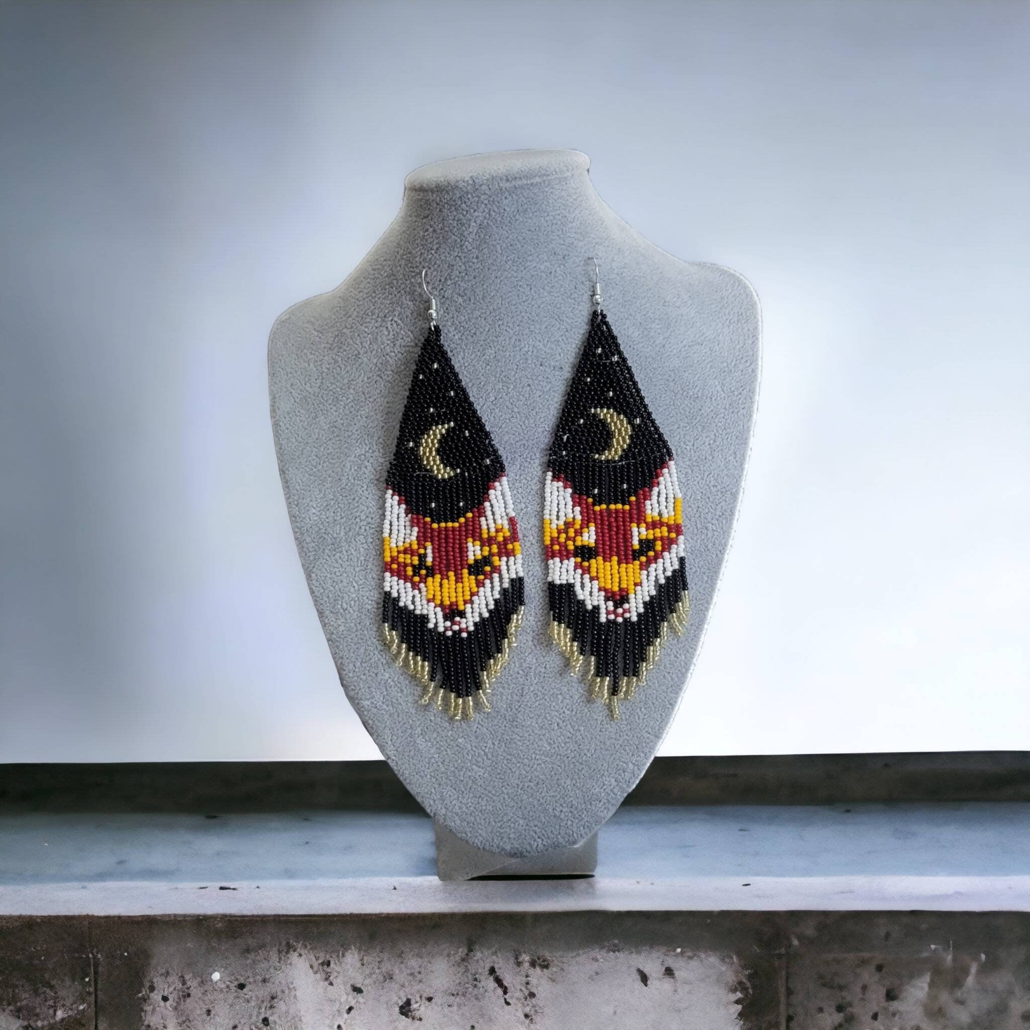 Red Fox Beaded Fringe Earrings: Long Sterling Silver 925