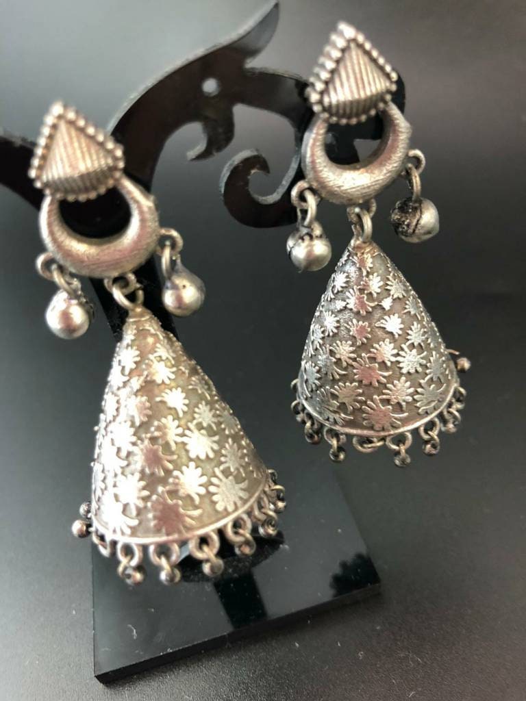 Silver Cone-Shaped Beaded Jhumki Earrings: Lightweight Boho Jewelry