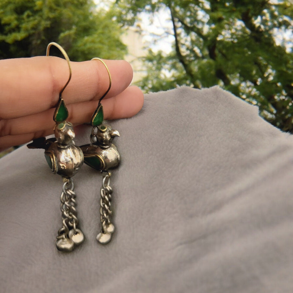 Vintage Parrot Dangle Earrings with Green Enamel Accents, 8 cm
