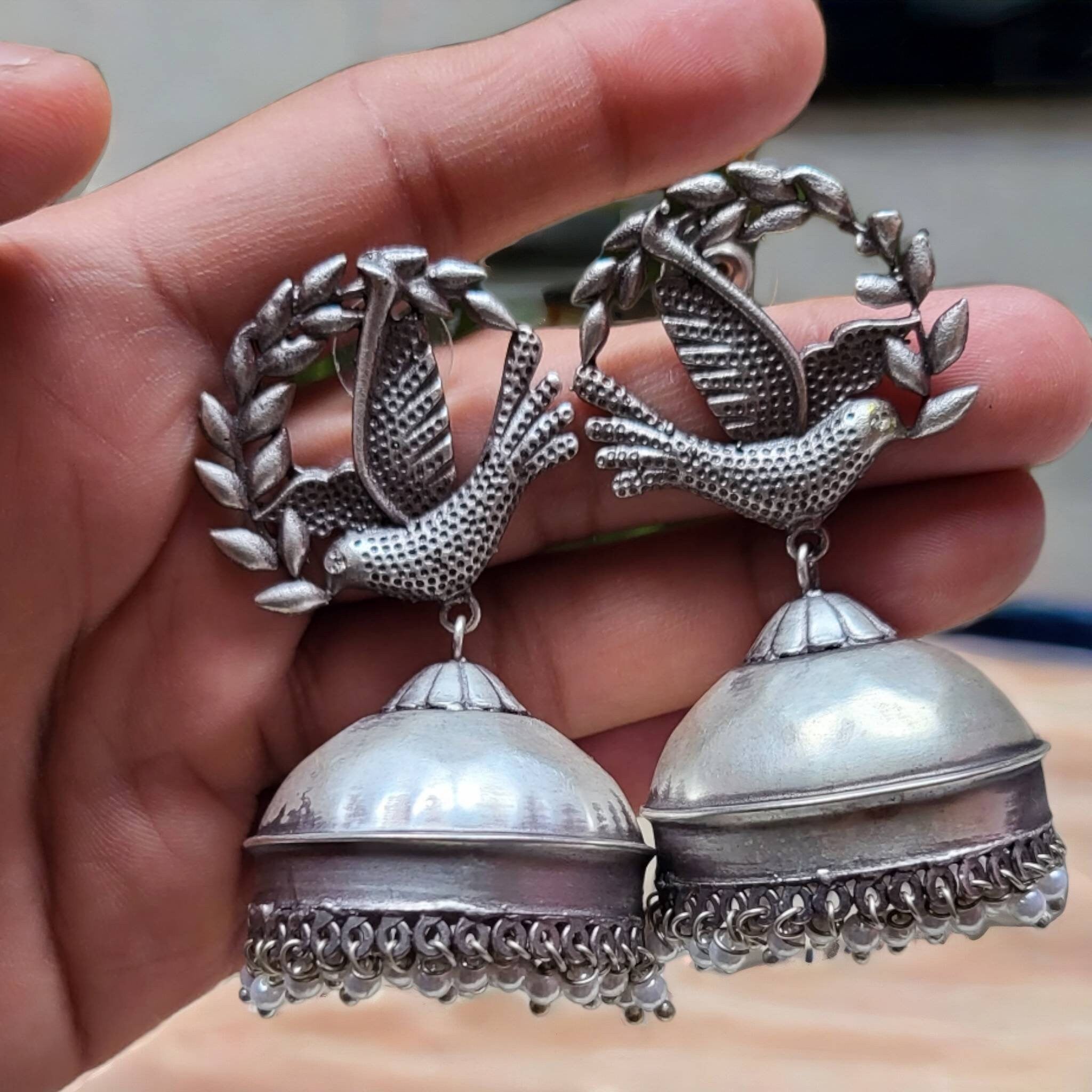 High Quality Oxidized German Silver Replica Earring Birds Jhumka Silver Lookalike Lightweight Earring | Indian Jewelry Boho Gypsy Jewelry