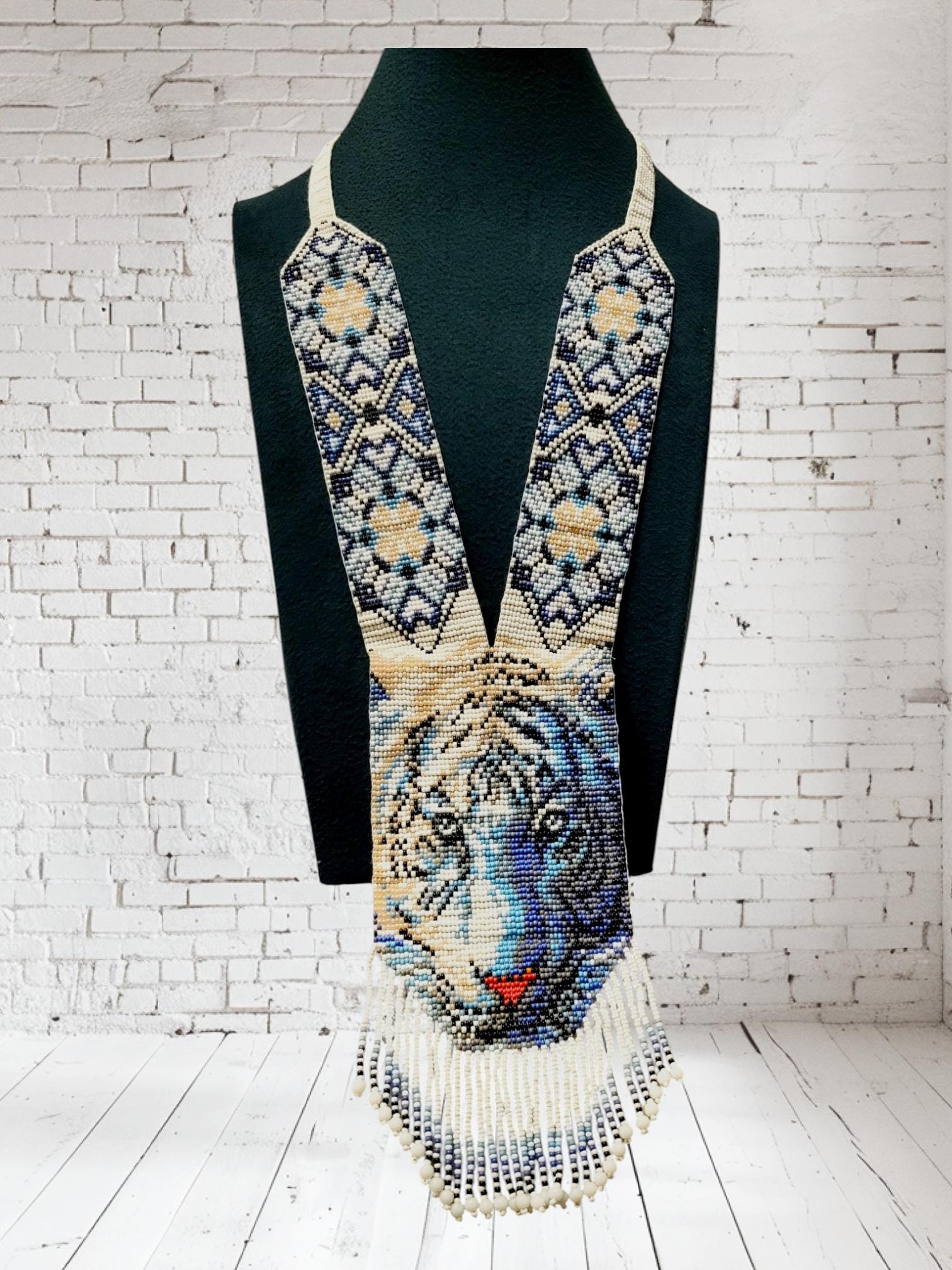 Handmade Beaded Tiger Necklace: Ethnic Woven Seed Bead Gerdan