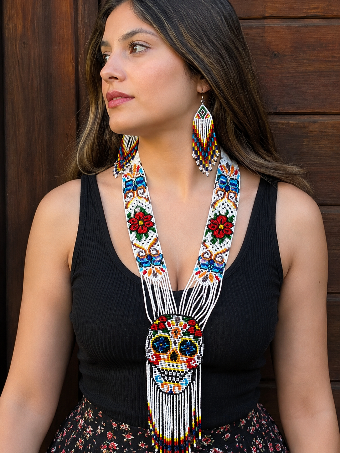 Handmade White Sugar Skull Beaded Necklace & Earrings Set